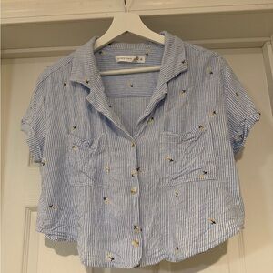 Altar'd State Blue and White Striped Shirt with Floral Embroidery